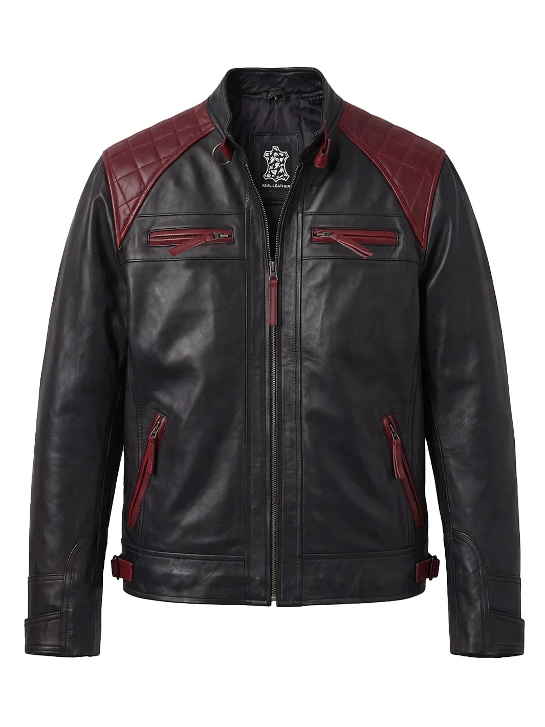Men's Black and Burgundy Quilted Leather Cafe Racer Jacket