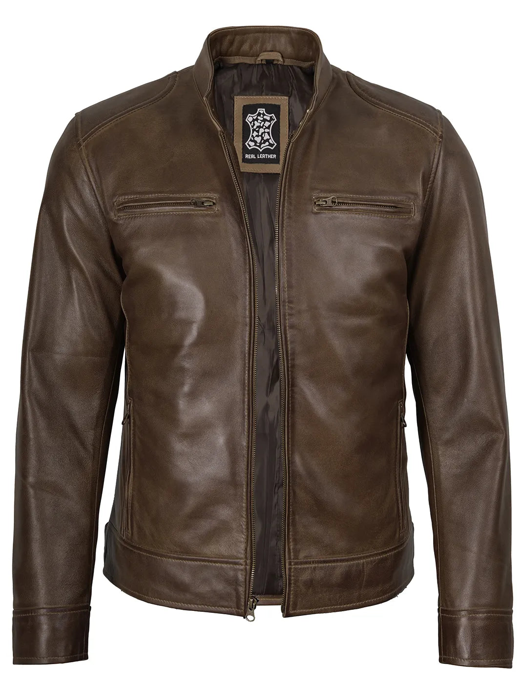 Men's Coffee Brown Waxed Lambskin Cafe Racer Jacket