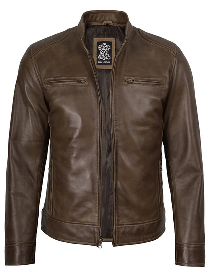 Men's Coffee Brown Waxed Lambskin Cafe Racer Jacket