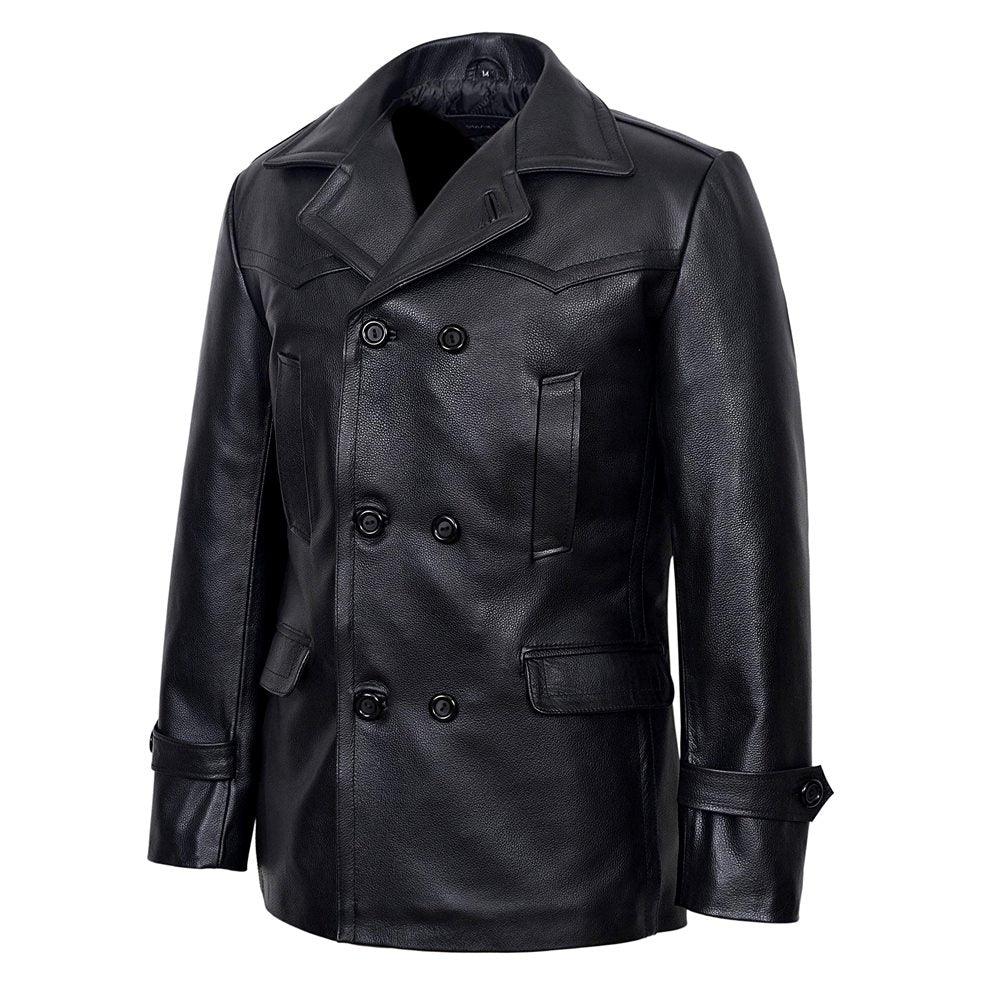Vintage Black German Classic WW2 Officer Lambskin Leather Coat For Men