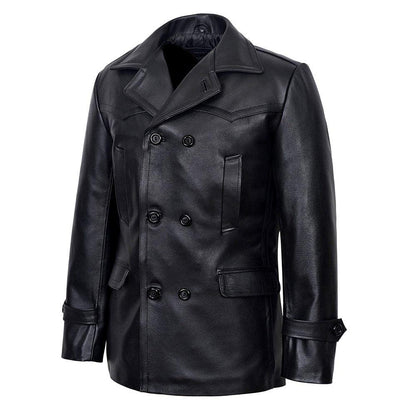 Vintage Black German Classic WW2 Officer Lambskin Leather Coat For Men