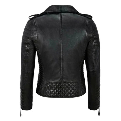 Premium Asymmetrical Brando Black Sheepskin Biker Leather Jacket for Women
