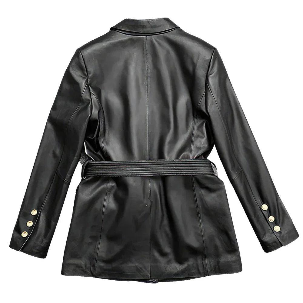 Solid Black Safari Belted Premium Sheepskin Leather Coat for Women