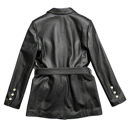 Solid Black Safari Belted Premium Sheepskin Leather Coat for Women