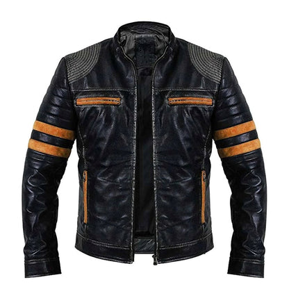 Men's Vintage Distressed Black Leather Biker Jacket with Quilted Shoulders and Stripes