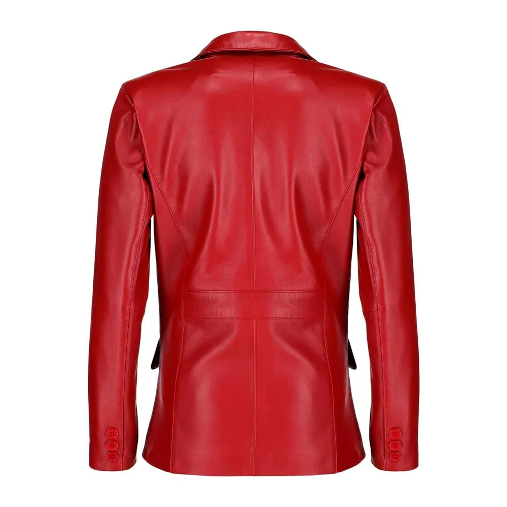 Black Notched-Collar Casual Genuine Sheepskin Leather Blazer for Women