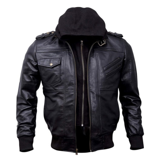 Bomber Removable Hooded Sheepskin Leather Jacket for Men