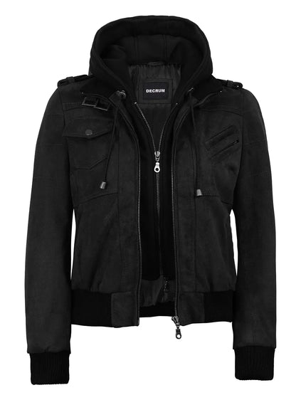 Women's Black Faux Suede Hooded Bomber Jacket