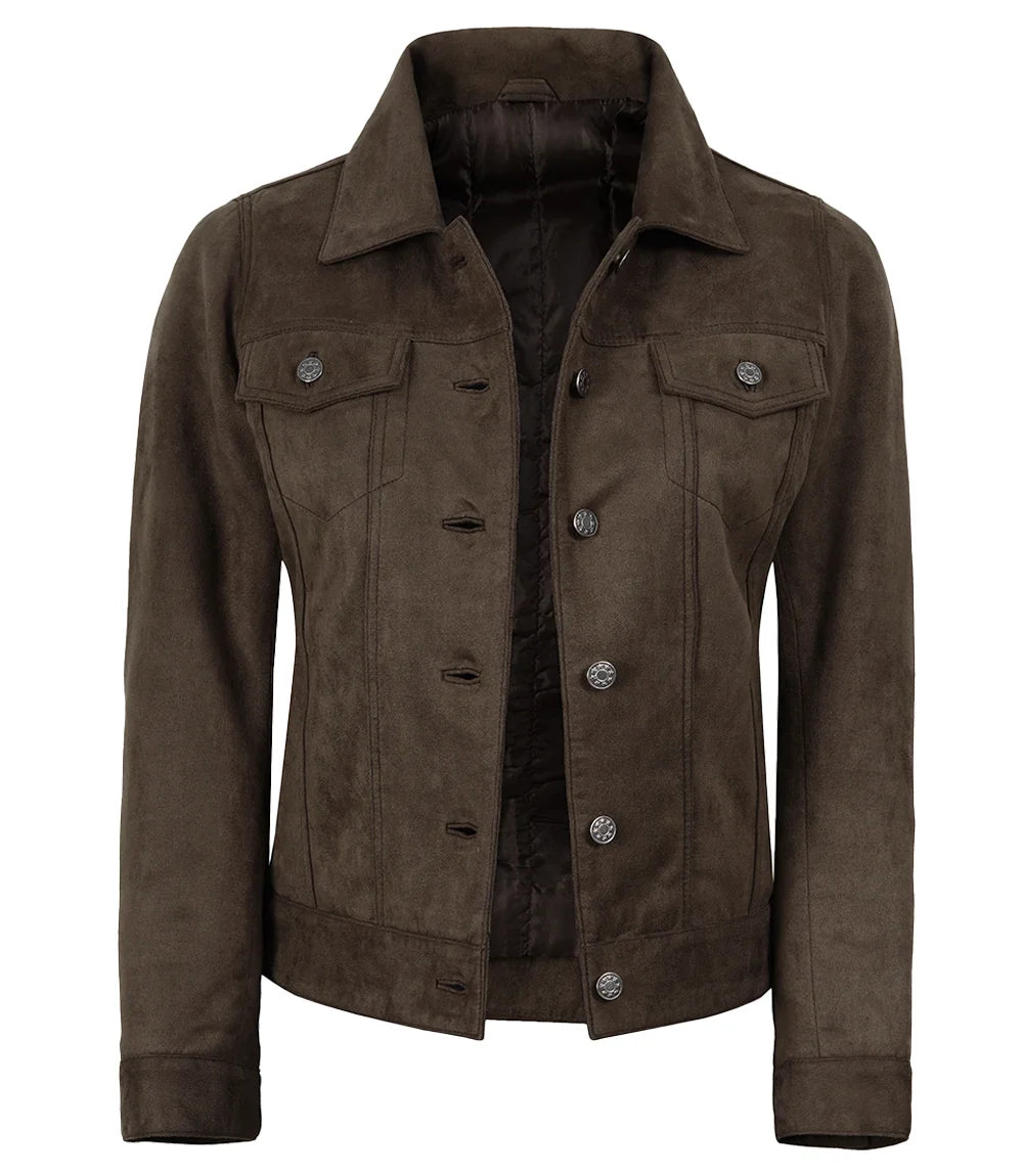 Women's Dark Brown Faux Suede Trucker Jacket