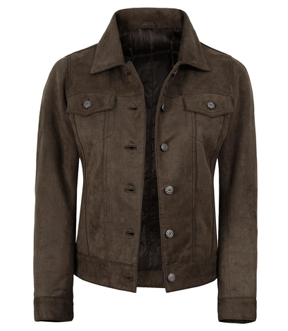 Women's Dark Brown Faux Suede Trucker Jacket