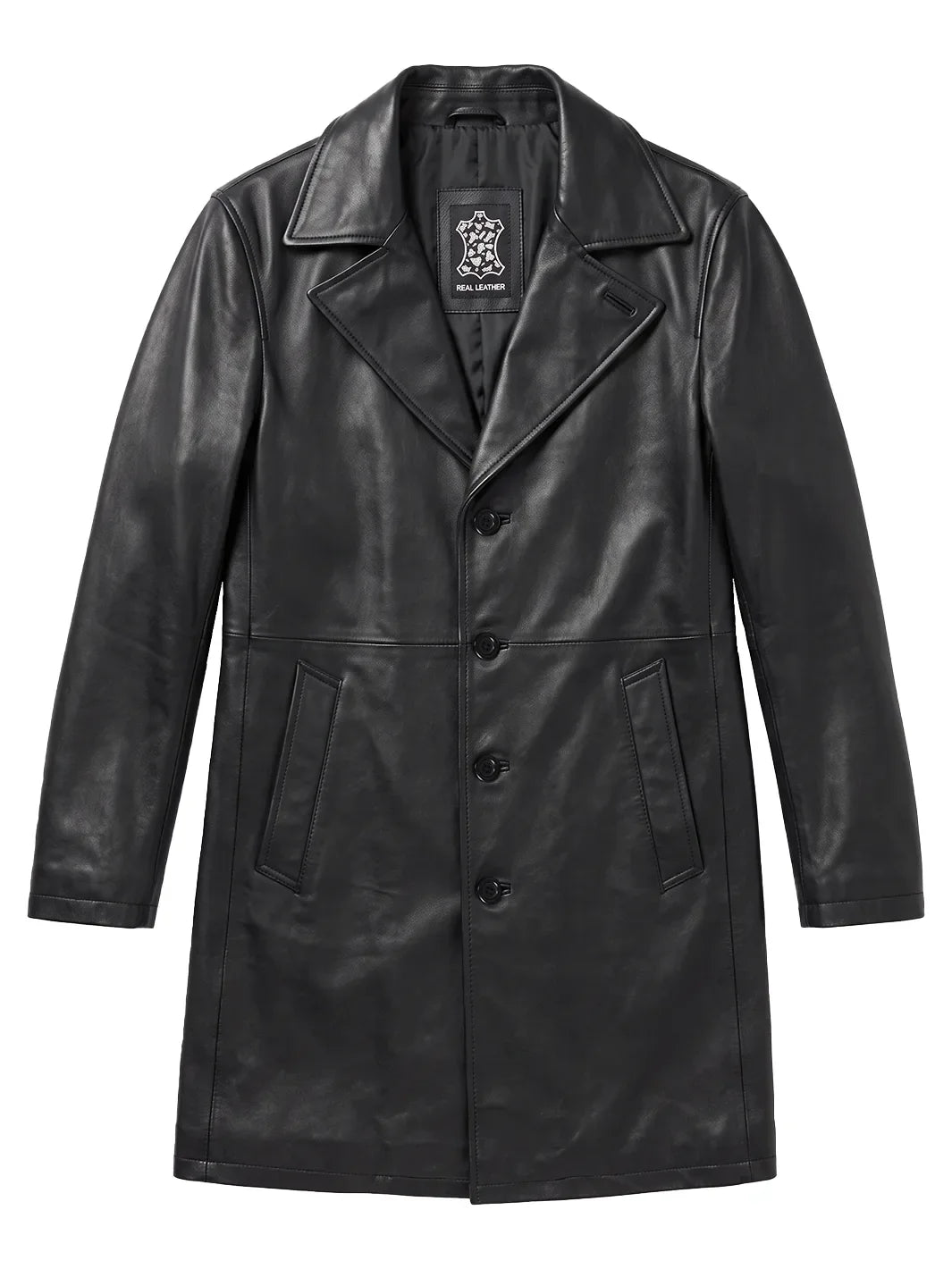 Men's Black 3/4 Length Real Leather Car Coat