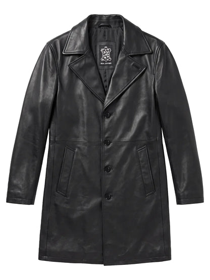 Men's Black 3/4 Length Real Leather Car Coat