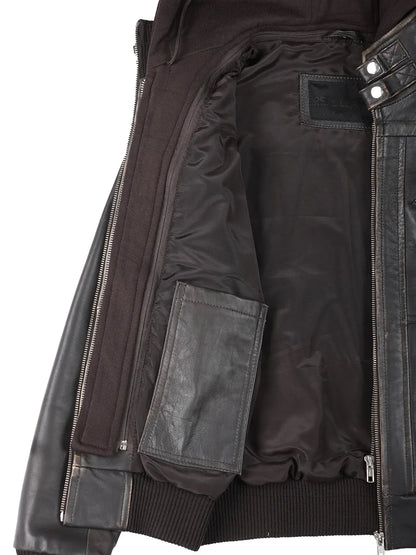 Women's Rub-Off Brown Bomber Leather Jacket | Removable Hood