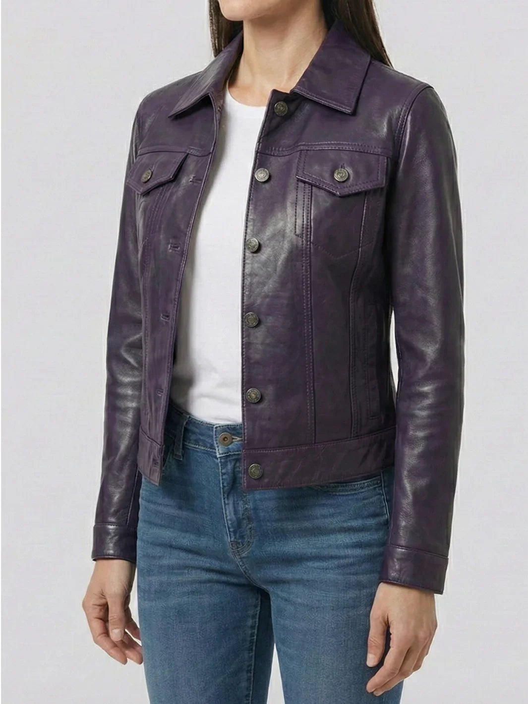 Women's Purple Leather Trucker Jacket