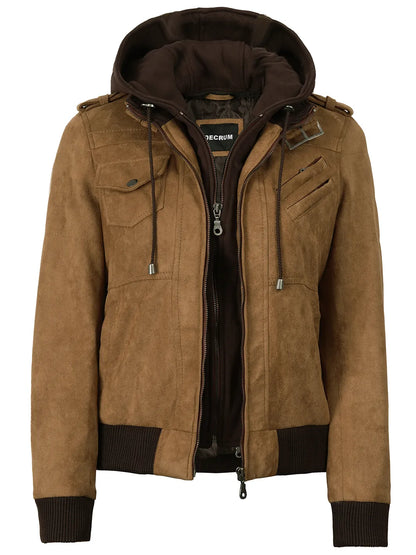 Women's Light Brown Faux Suede Hooded Bomber Jacket
