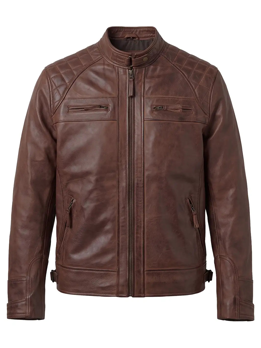 Men's Cognac Brown Quilted Leather Cafe Racer Jacket