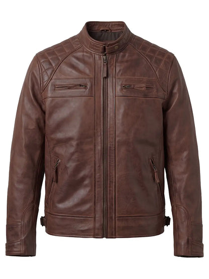 Men's Cognac Brown Quilted Leather Cafe Racer Jacket
