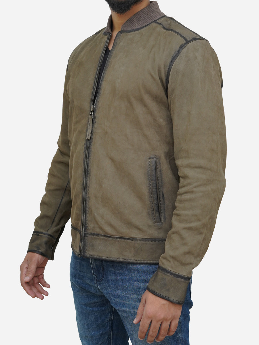 Men's Olive Green Suede Leather Bomber Jacket Max Jackets