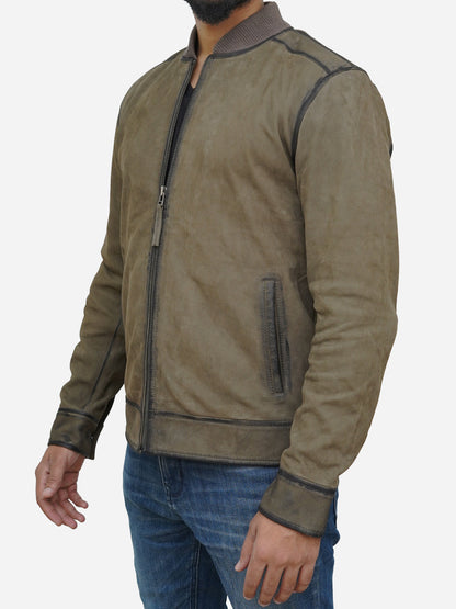 Men's Olive Green Suede Leather Bomber Jacket Max Jackets
