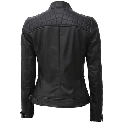 Black Quilted Café Racer Leather Jacket for Women