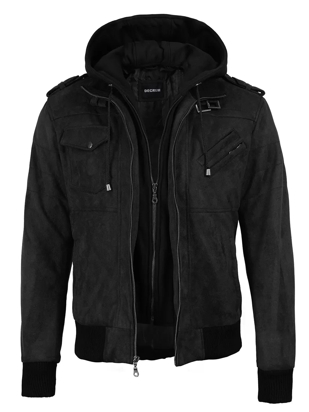 Men's Black Faux Suede Hooded Bomber Jacket