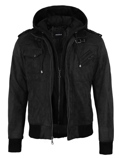 Men's Black Faux Suede Hooded Bomber Jacket