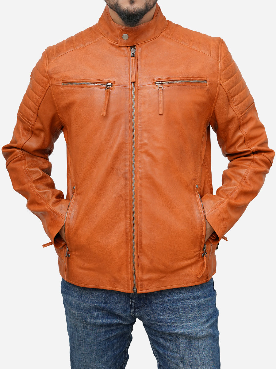 Men's Tan Brown Cafe Racer Leather Jacket Max Jackets