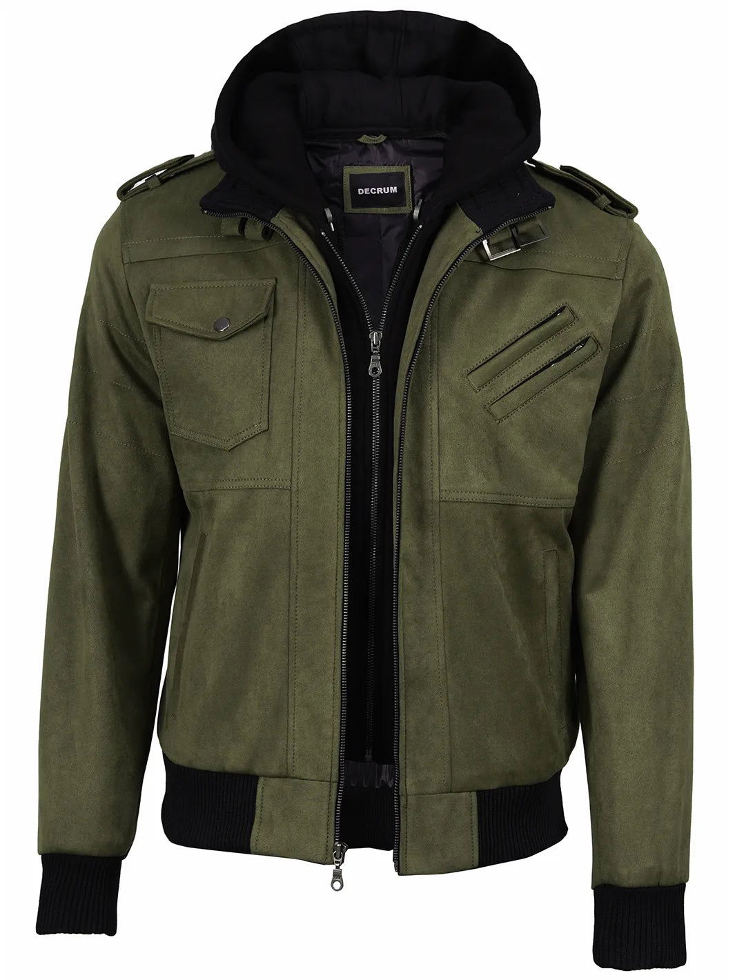 Men's Olive Green Faux Suede Hooded Bomber Jacket