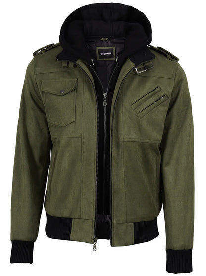 Men's Olive Green Faux Suede Hooded Bomber Jacket
