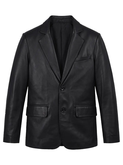 Men's Black Lambskin Leather Blazer with Two-Button Front