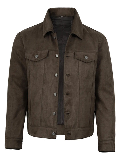 Men's Dark Brown Faux Suede Trucker Jacket