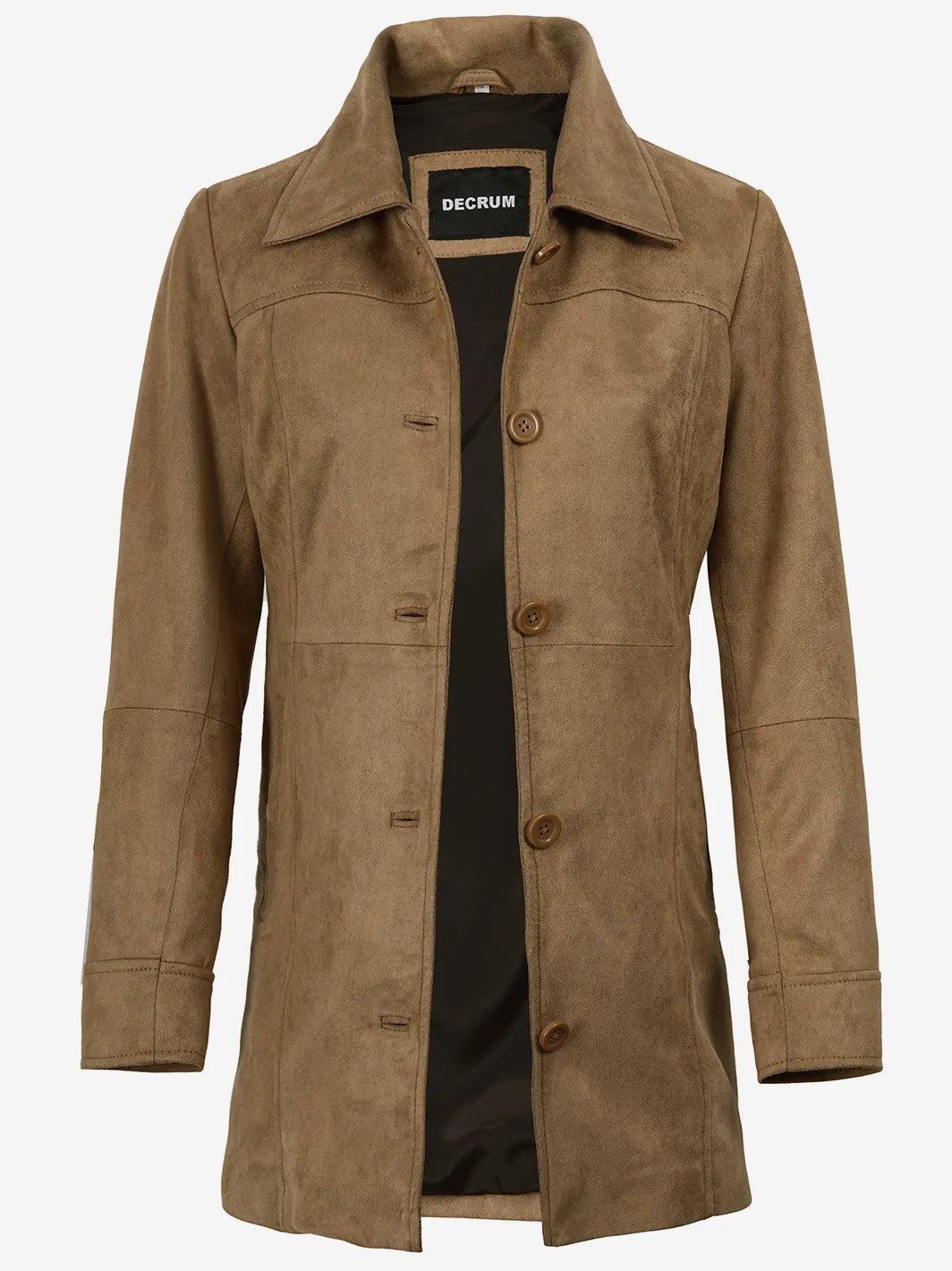 Women's 3/4 Length Camel Brown Faux Suede Coat — Button Front