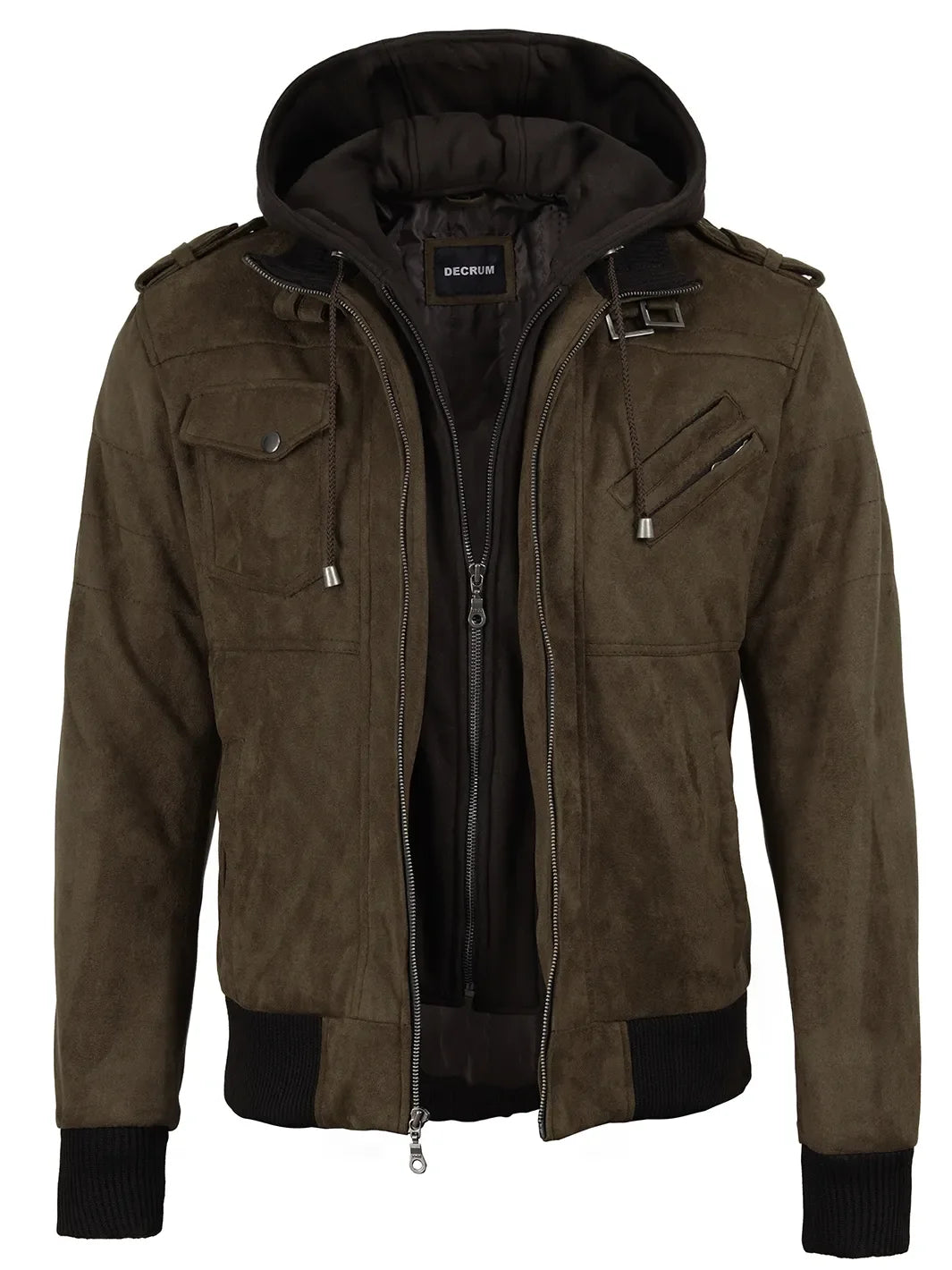 Men's Dark Brown Faux Suede Hooded Bomber Jacket