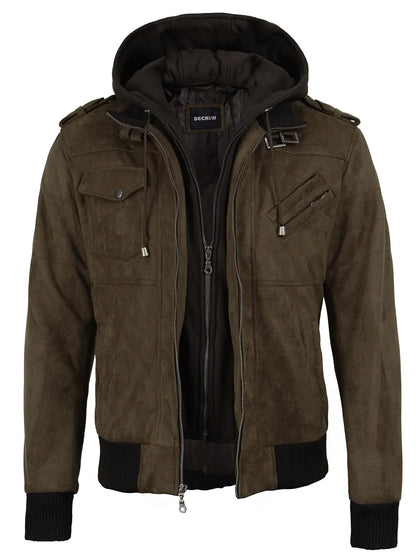 Men's Dark Brown Faux Suede Hooded Bomber Jacket