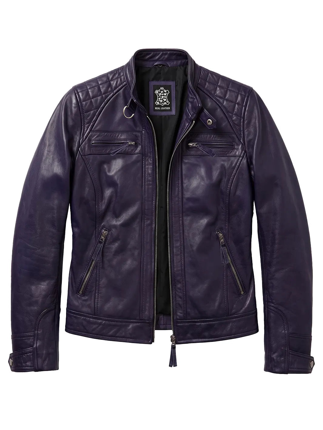 Johnson Women's Purple Quilted Cafe Racer Style Leather Jacket