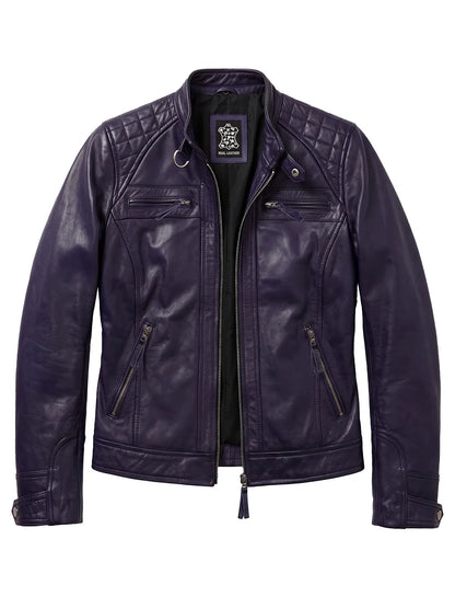 Johnson Women's Purple Quilted Cafe Racer Style Leather Jacket