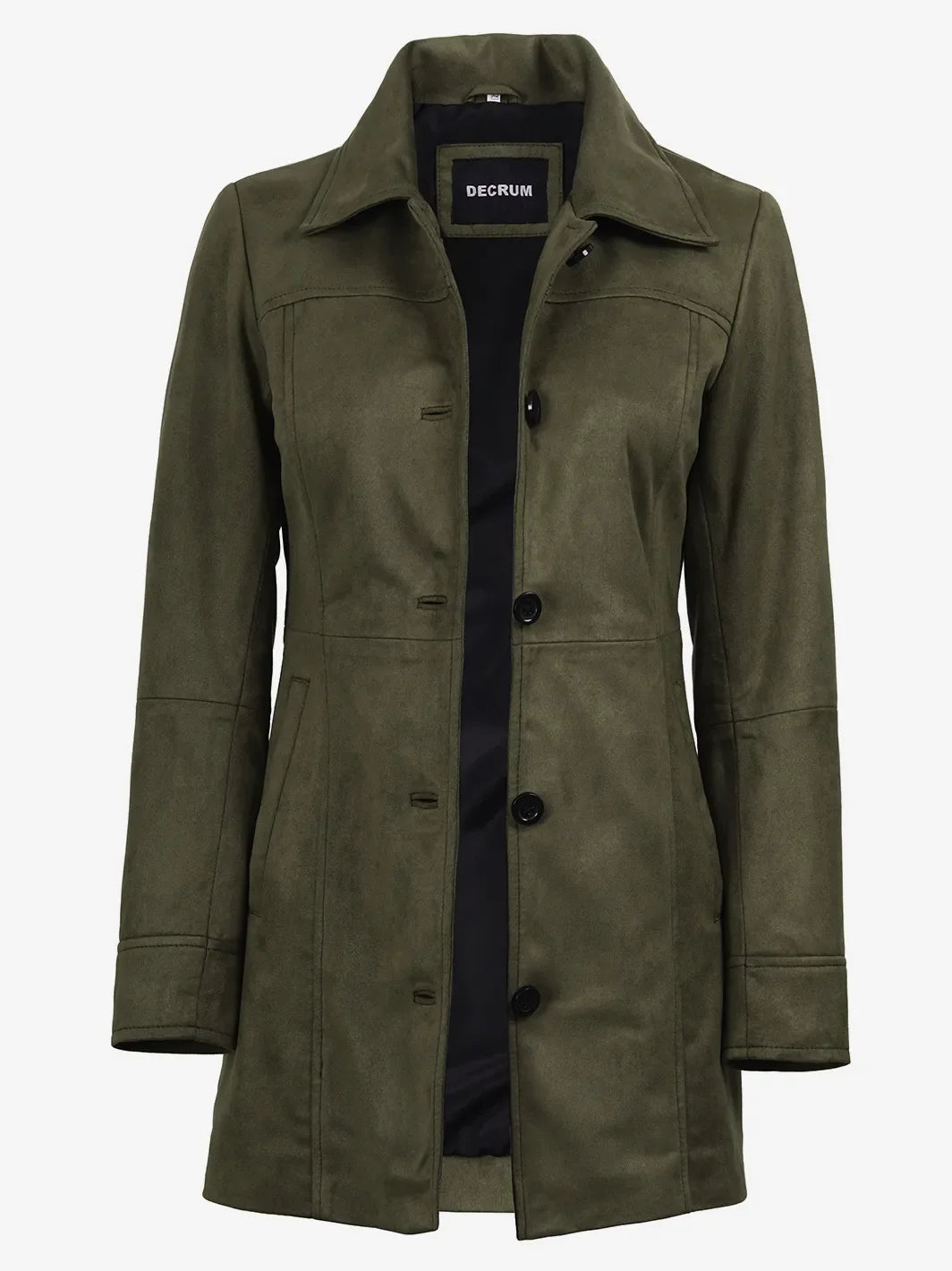 Women's 3/4 Length Olive Green Faux Suede Coat — Button Front