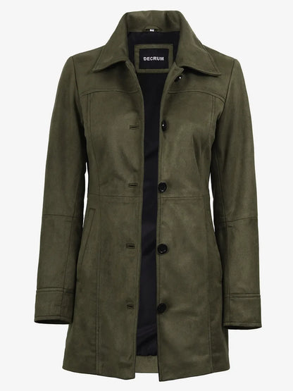 Women's 3/4 Length Olive Green Faux Suede Coat — Button Front