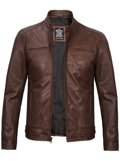 Dodge Men's Cognac Brown Leather Cafe Racer Jacket