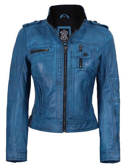 Tavares Womens Vivid Blue Biker Style Leather Jacket