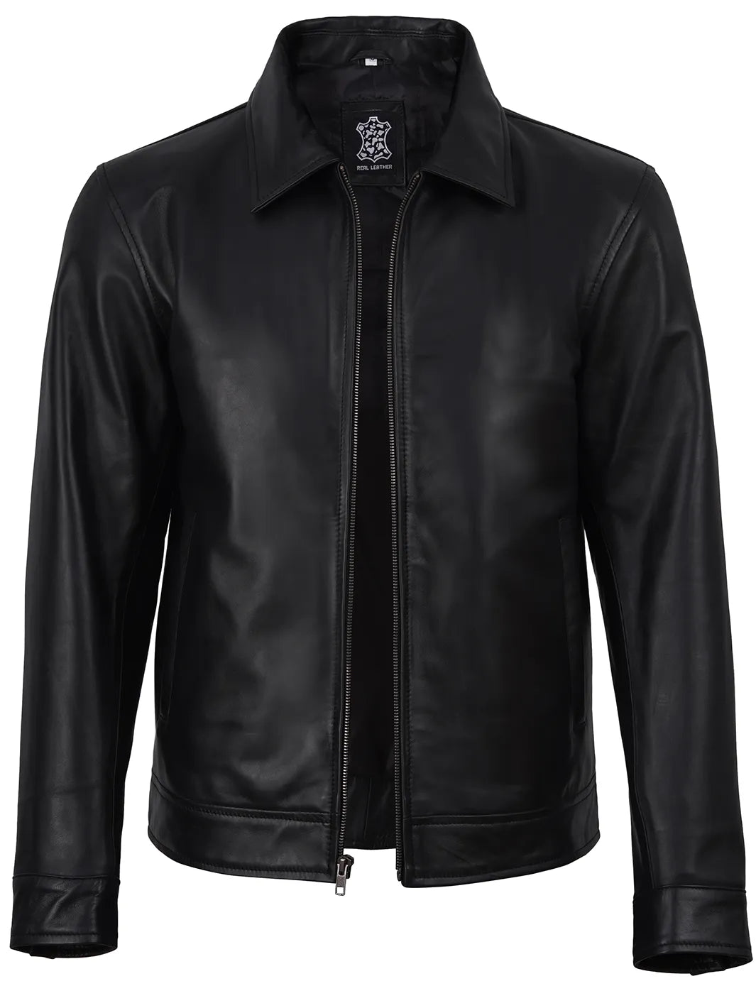 Men's Black Harrington Leather Jacket | Shirt Style Collar