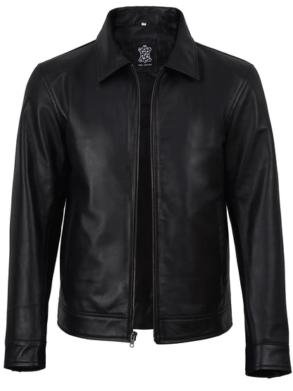 Men's Black Harrington Leather Jacket | Shirt Style Collar
