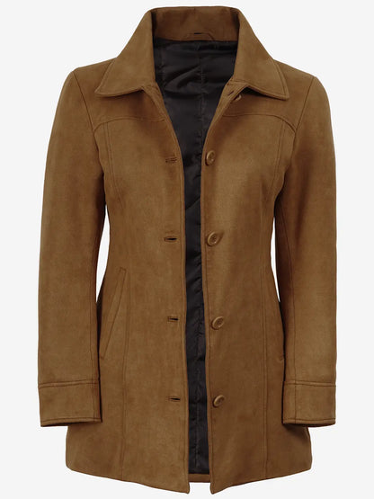 Women's 3/4 Length Light Brown Faux Suede Coat — Button Front
