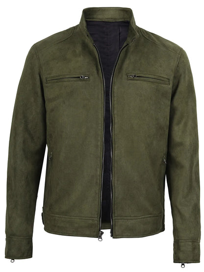 Men's Olive Green Faux Suede Cafe Racer Jacket