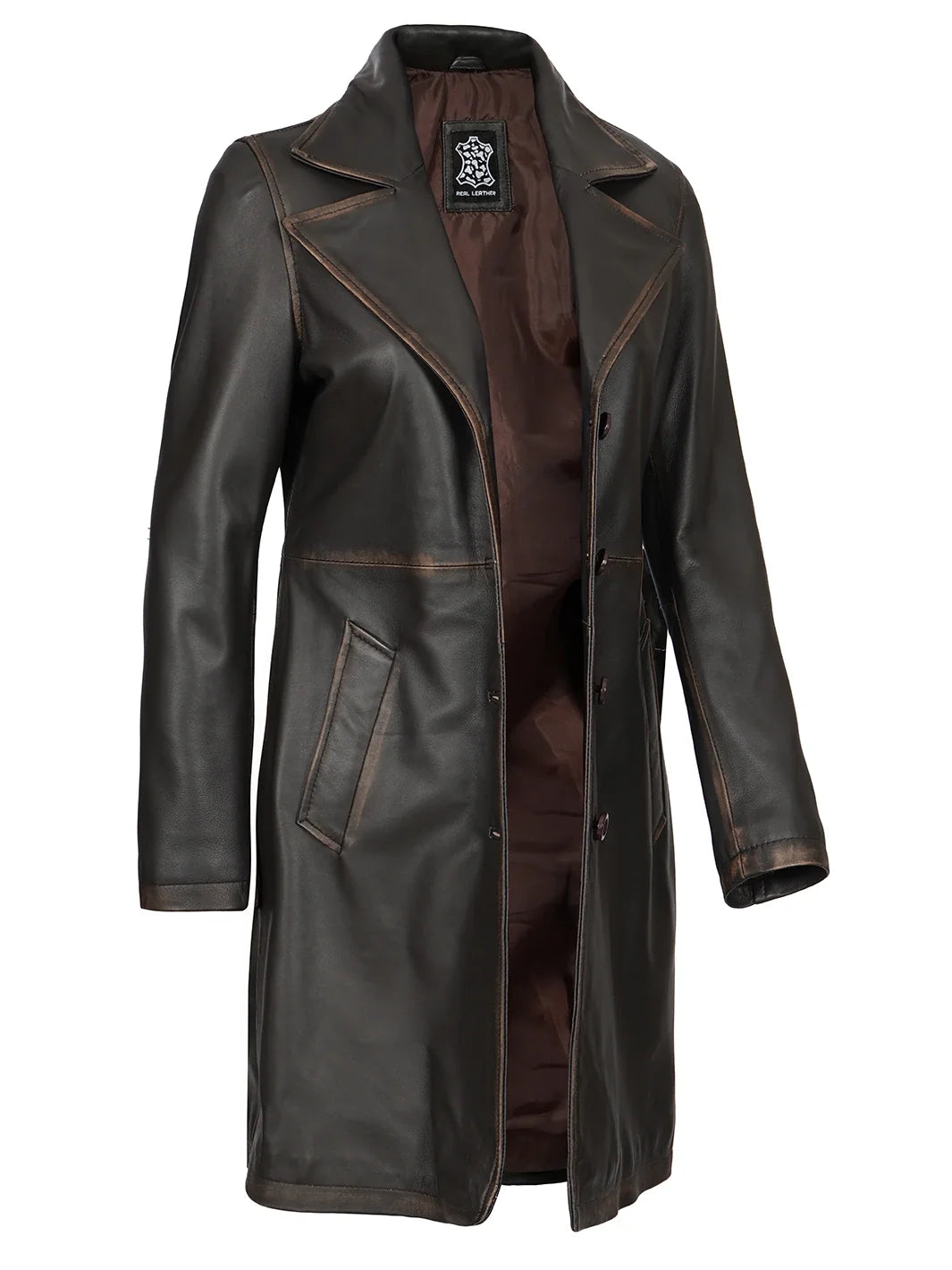Women's Long Rub-Off Brown Lambskin Leather Coat