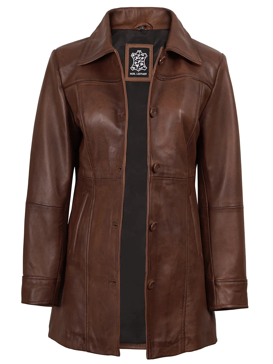 Kandis Women's Cognac Brown Leather Car Coat