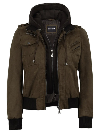 Women's Dark Brown Faux Suede Hooded Bomber Jacket