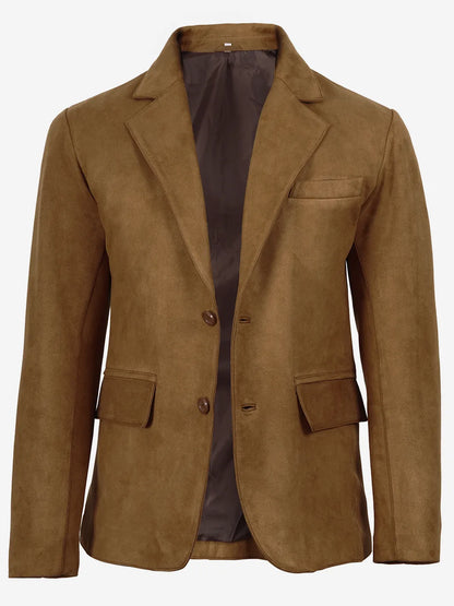Men's Light Brown Faux Suede Blazer — 2-Button Notch Lapel
