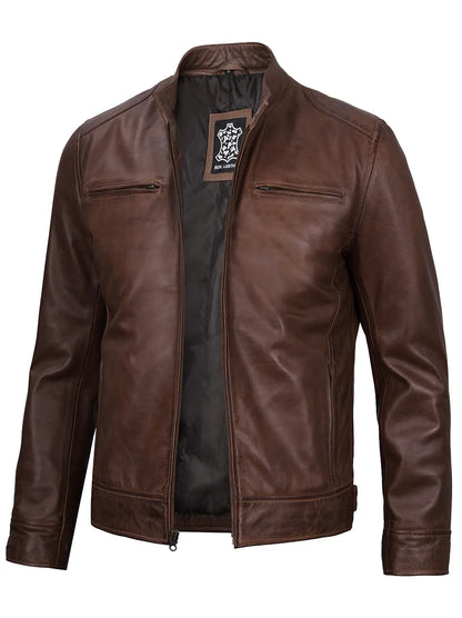 Dodge Men's Cognac Brown Leather Cafe Racer Jacket