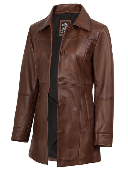 Kandis Women's Cognac Brown Leather Car Coat